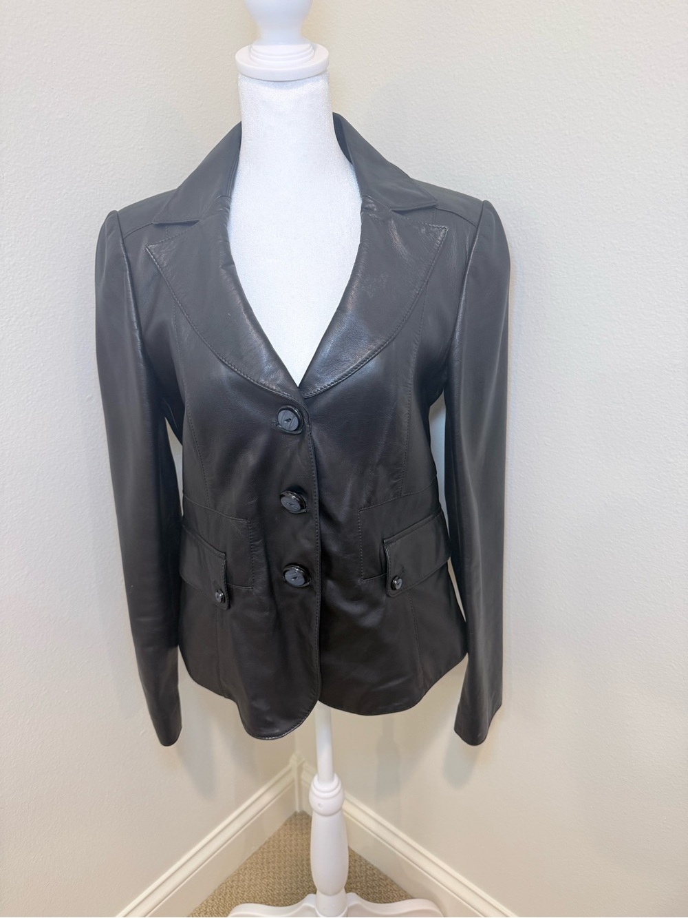 Giorgio Armani Black Leather Button-Front Blazer Jacket